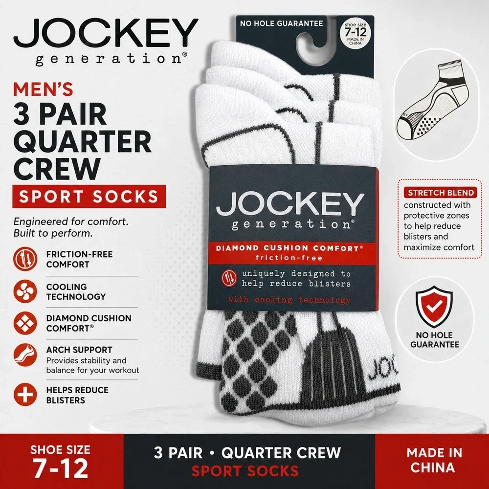 Jockey Generation Mens 3 Pack Quarter Crew Sport Socks White Grey Size 7-12 New